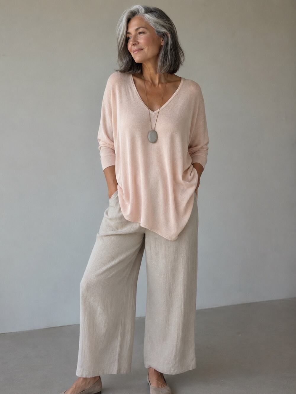 Eileen Fisher Organic Linen Long Sleeve V-Neck Tunic Blouse Light Coral Plus 1X